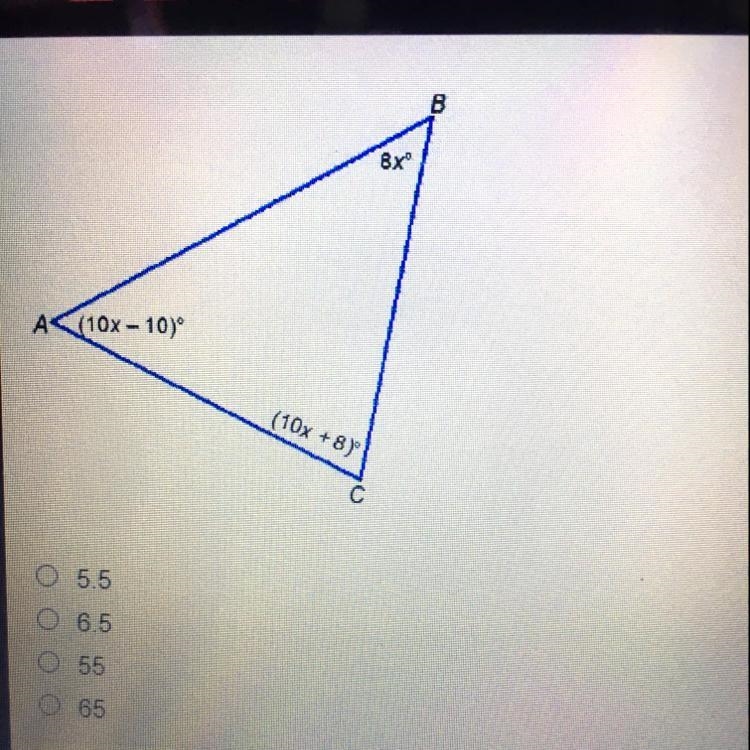 In ABC, what is the value of x 5.5 6.5 55 65-example-1