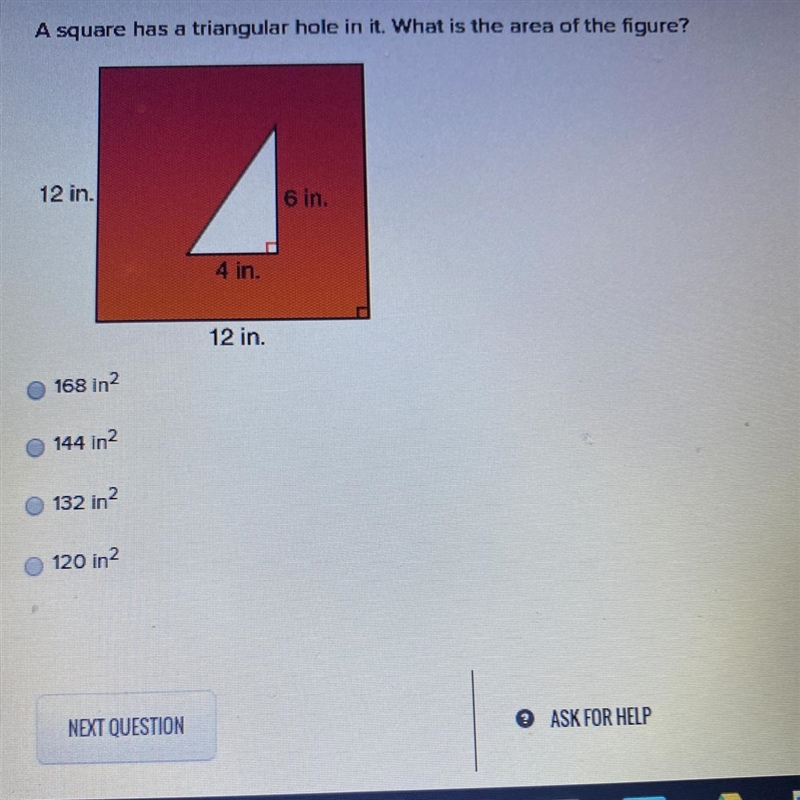 A square has a triangular hole in it. What is the area of the figure-example-1