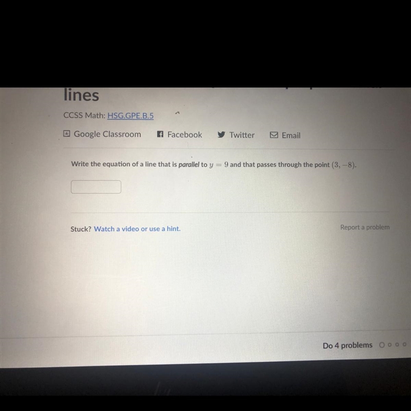 Write the equation of a line that is parallel to y=9 and that passes through the point-example-1