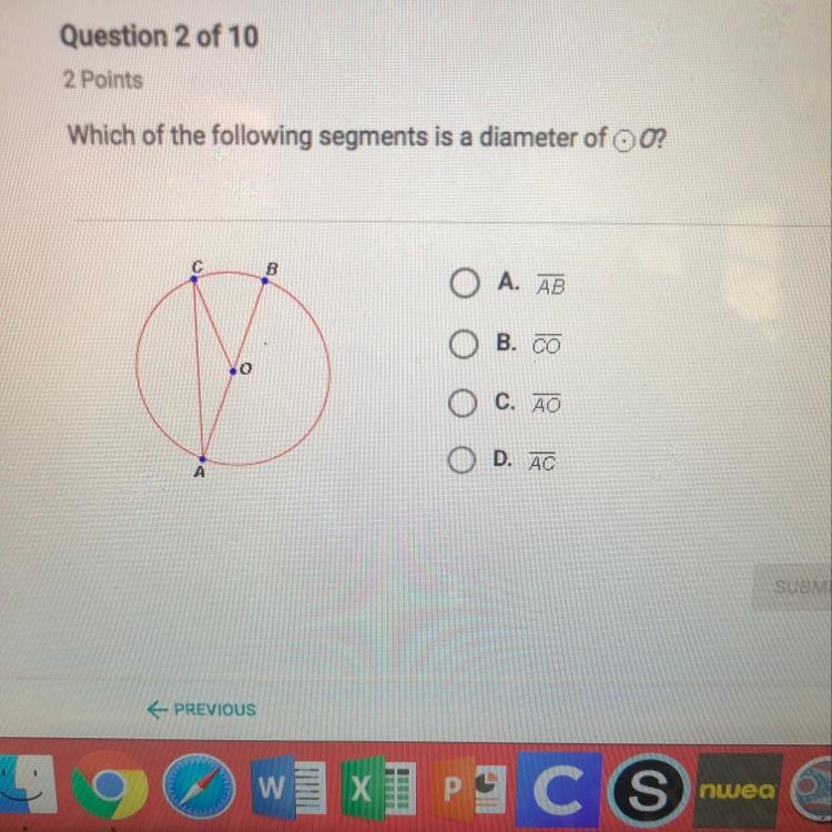 Which of the following segments is a diameter of OO?-example-1