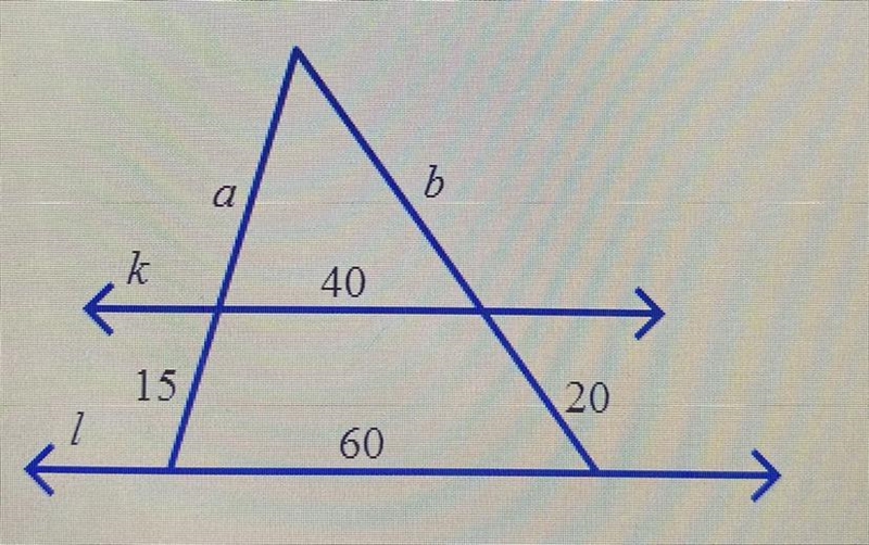 If K parallel to L find the value of a and the value of b.-example-1