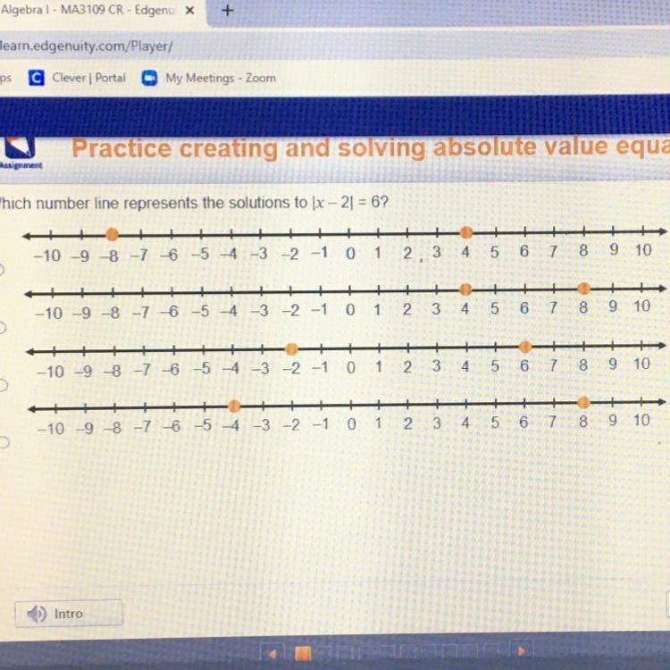 Which number line represents the solutions to IX – 2|= 6?-example-1