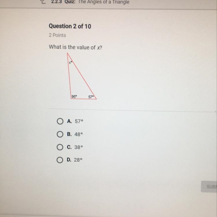 What is the value of X? A 57 B 48 C 38 D 28-example-1