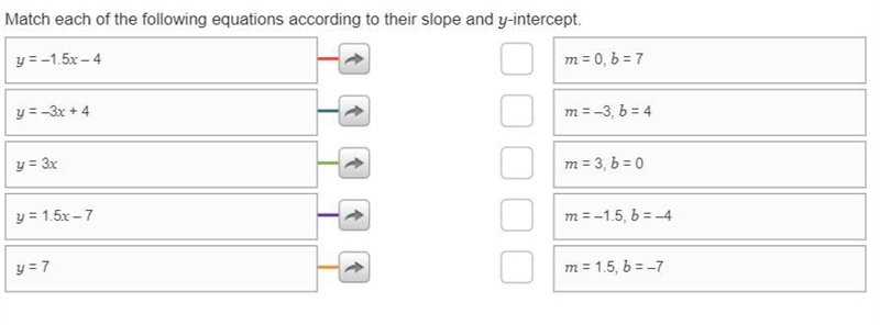 Match each of the following equations according to there slope and y intercept.-example-1