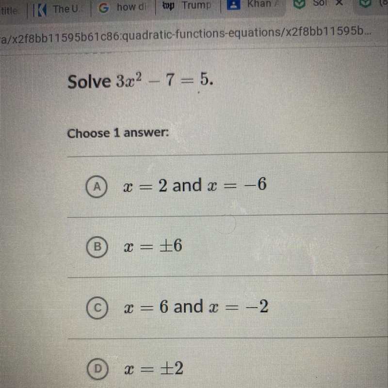 NEED help !! Solve 3x^2 - 7 = 5.-example-1