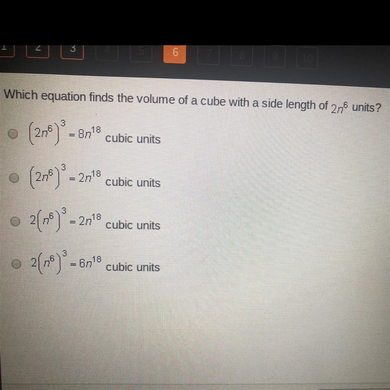 Which equation finds the volume of a cube with a side length of-example-1