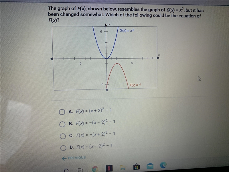 The graph of F(x) , shown below, resembles the graph of G(x) = x ^ 2 , but it has-example-1