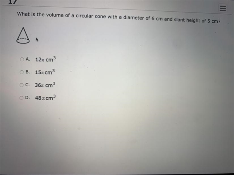 What is the volume of a circular cone with a diameter of 6cm and a slant height of-example-1