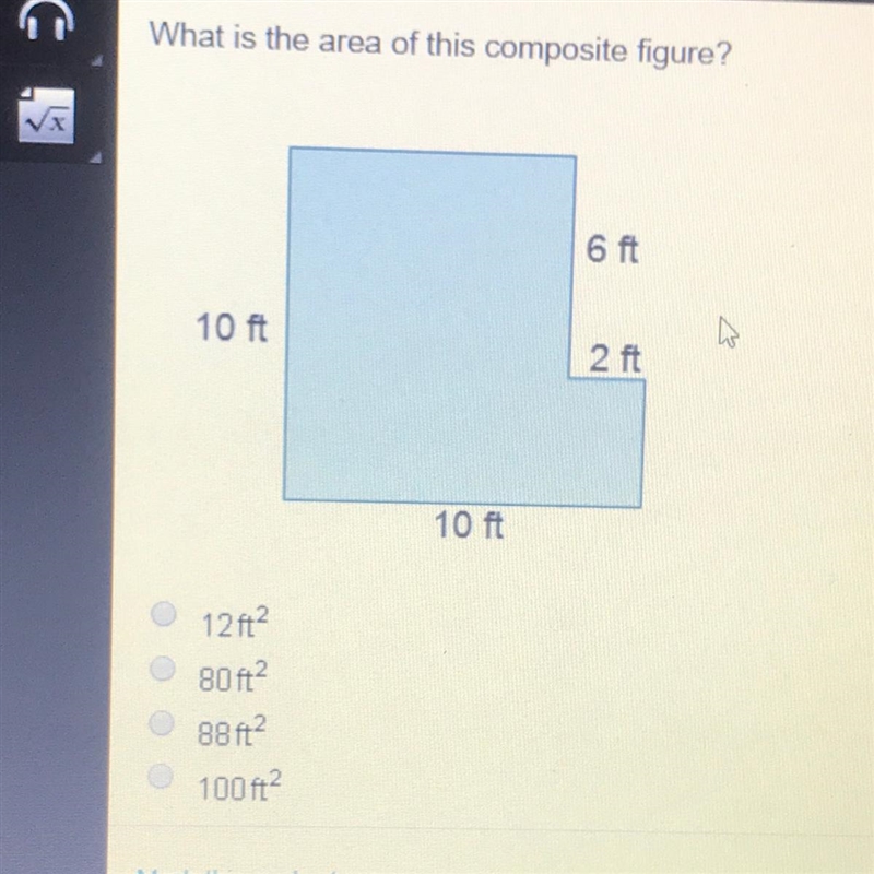 What is the area of this composite figure? 12 ft square, 80 ft square, 88 ft square-example-1