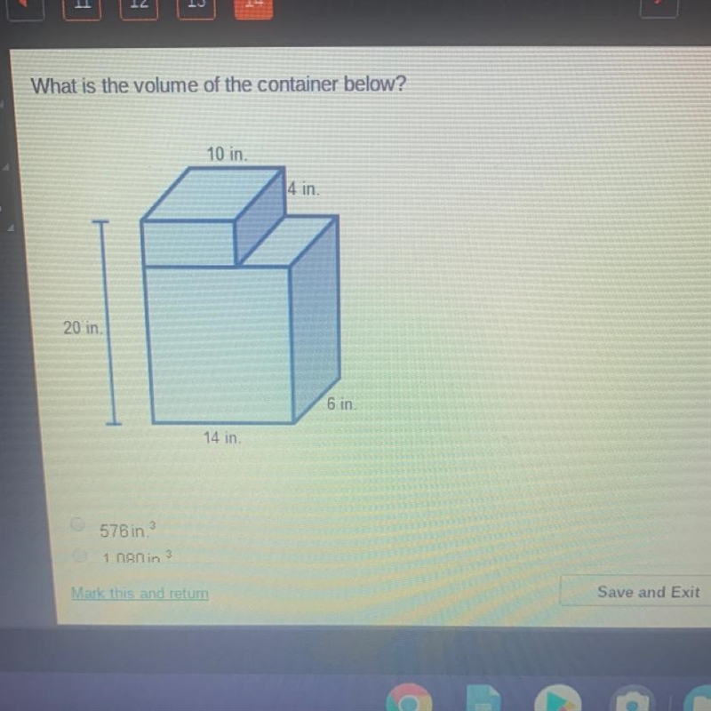 What is the volume of the container below? A. 576in^3 B. 1,080in^3 C. 1,584in^3 D-example-1