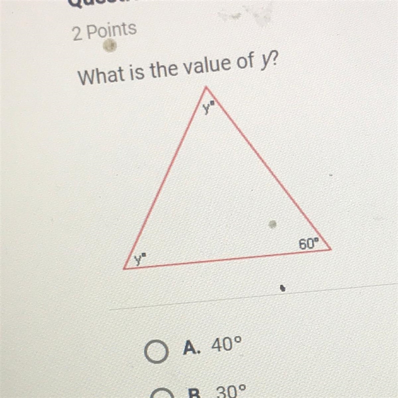 What is the value of y. 60° O A. 40° O B. 30° O C. 120° O D. 60°-example-1