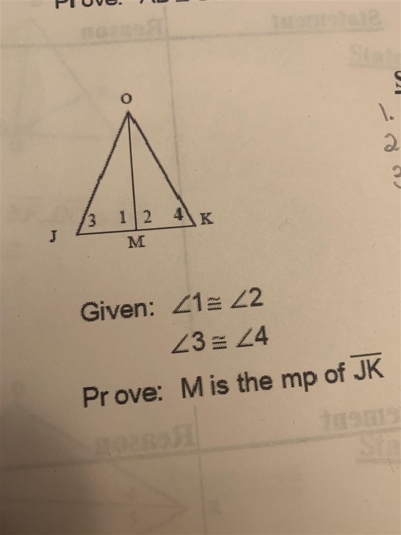 Geometry Proof: Given: ∠1 ≅ ∠2 ∠3 ≅ ∠4 Prove: M is the midpoint of JK-example-1