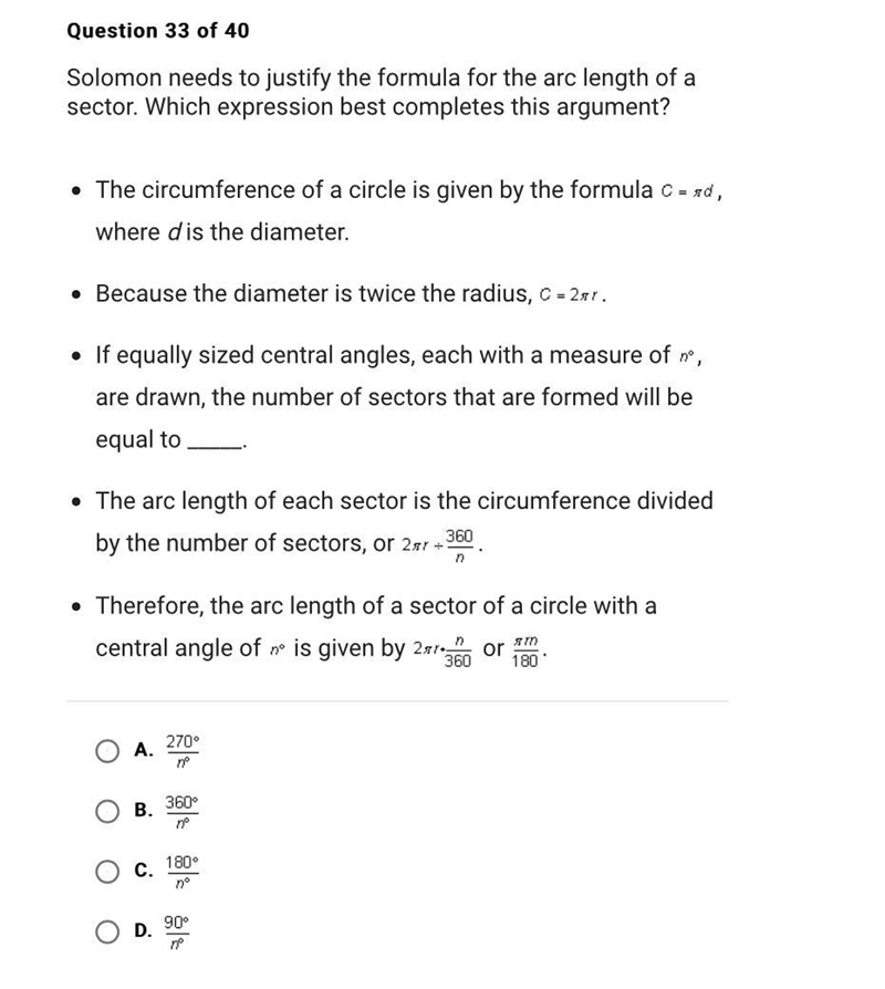 Solomon needs to justify the formula for the arc length of a sector. Which expression-example-1