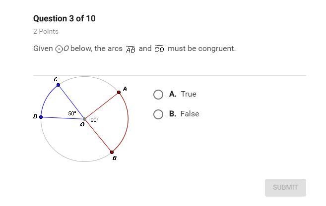 Given O below, the arcs AB and CD must be congruent. True or false?-example-1