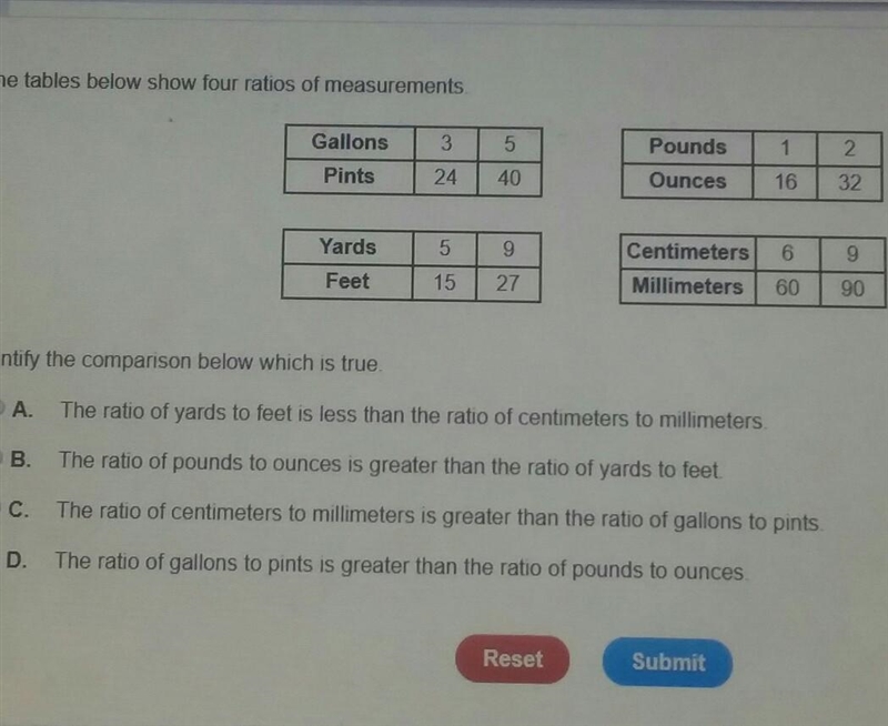 The tables below show four ratios of measurements. Identify the comparison below which-example-1