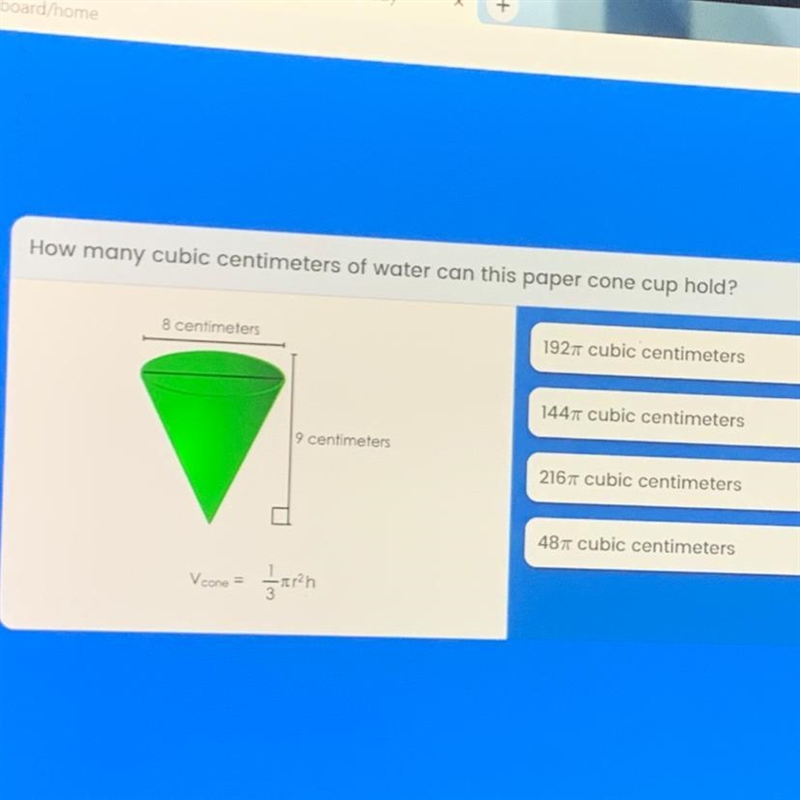 ASAP PLS How many cubic centimeters of water can this paper cone cup hold? 8 centimeters-example-1