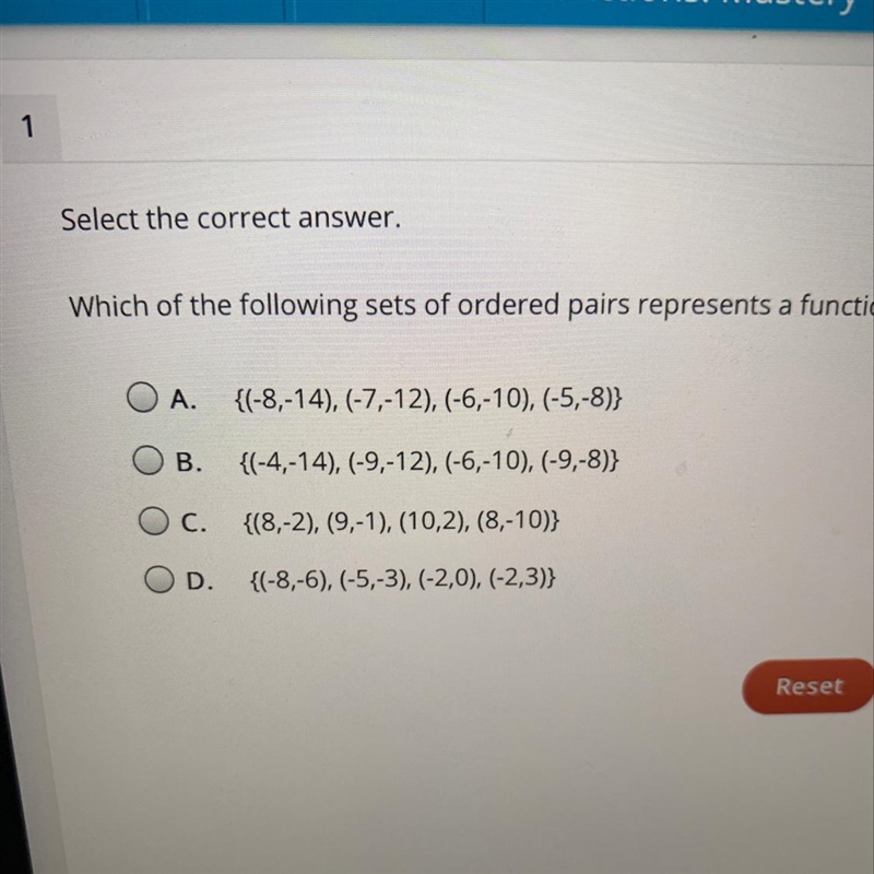 Select the correct answer. Which of the following sets of ordered pairs represents-example-1