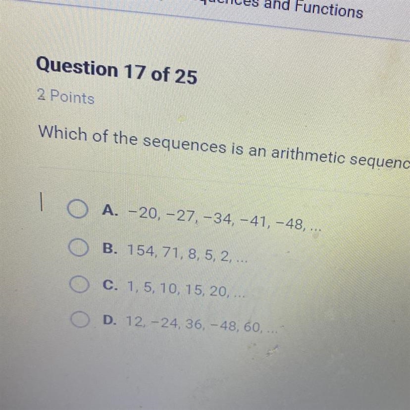 Which of the sequences is an arithmetic sequence?-example-1