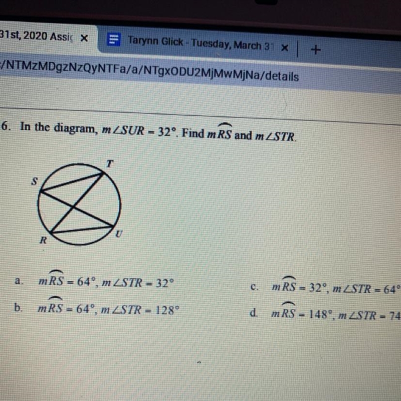 In the diagram, m angle SUR =32 degrees. Find mRS and m angle STR.-example-1