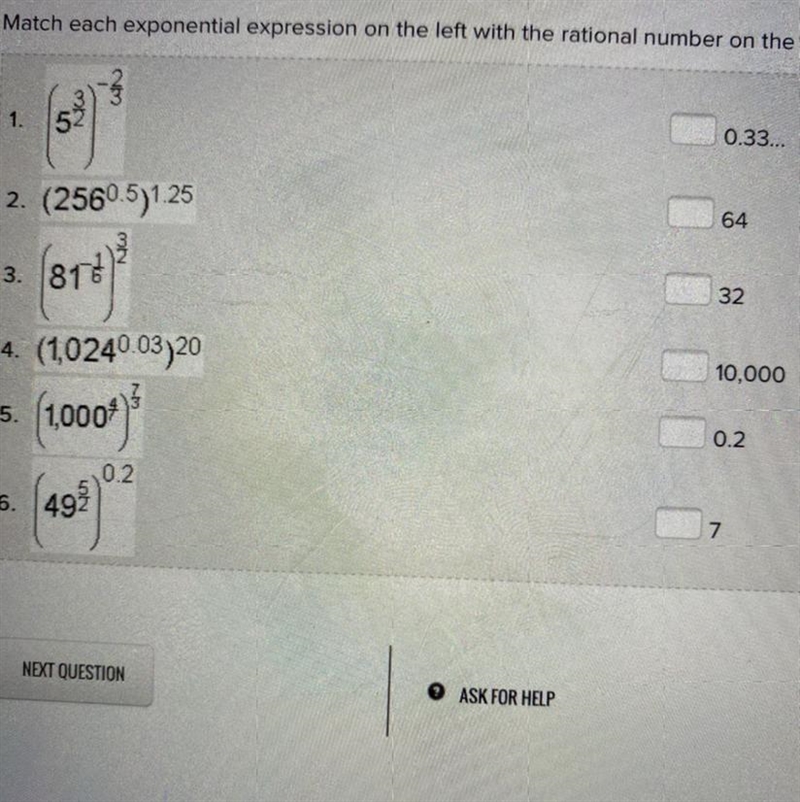 PLEASE HELP match each exponential expression on the left with the rational number-example-1