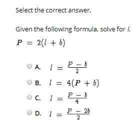 Given the following formula, solve for l. (look at picture for question)-example-1