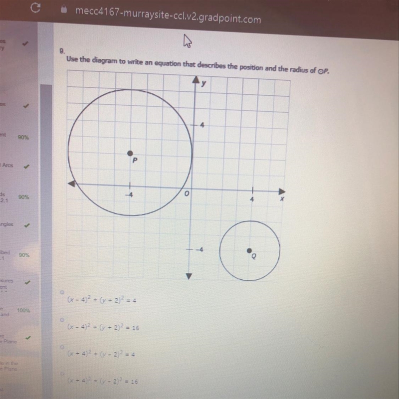 Please help A: (x – 4)2^+ (y + 2)2^= 4 B: (x – 4)2^+ (y + 2)2^= 16 C: (x + 4)2^+ (y-example-1