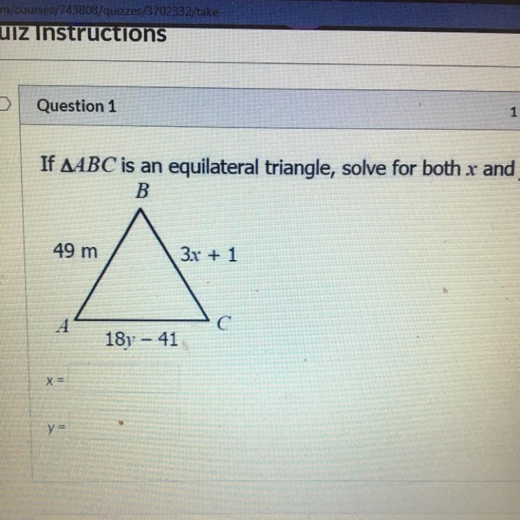 If ABC Is an equilateral triangle, solve for both x and y-example-1