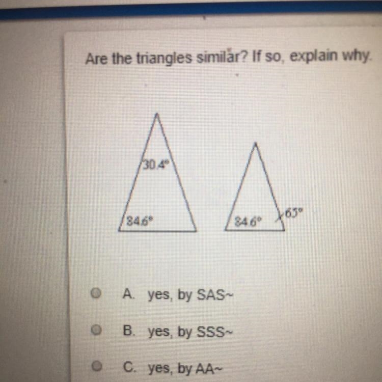 Are the triangles similar? If so, explain why. АД 3462-example-1