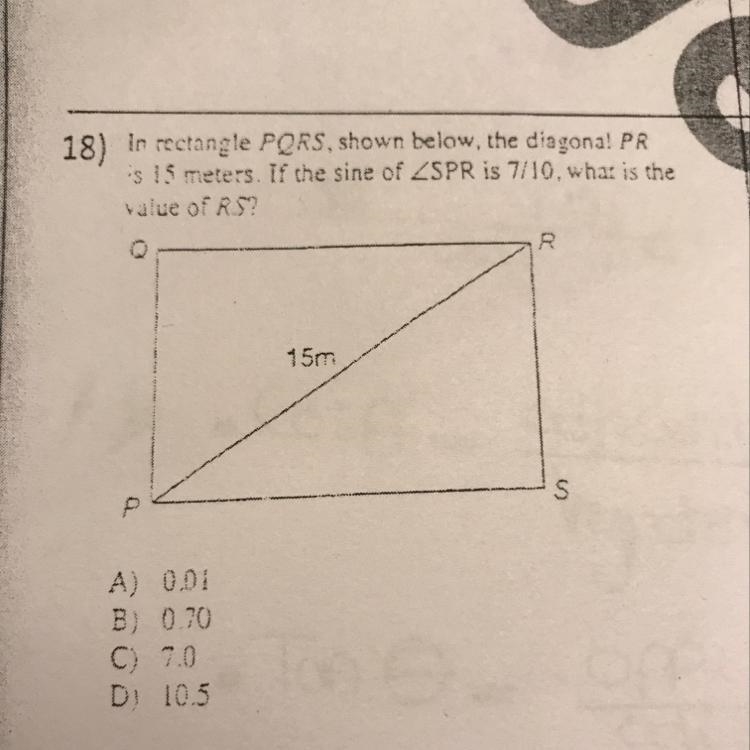 in rectangle PQRS, shown below, the diagonal PR is 15 meters. if the sine of angle-example-1