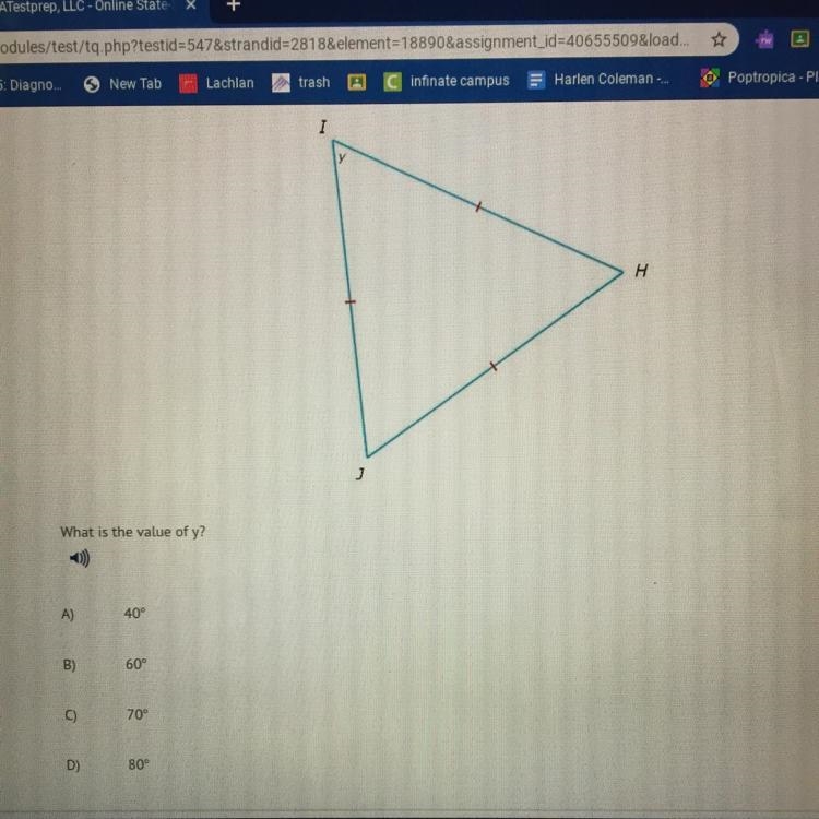 What is the value of y? A) 40 B) 60 C)70 D)80-example-1