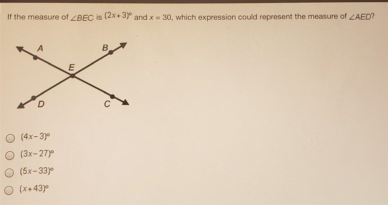 if the measure of <BEC is (2x+3)° and x=30, which expression could represent the-example-1