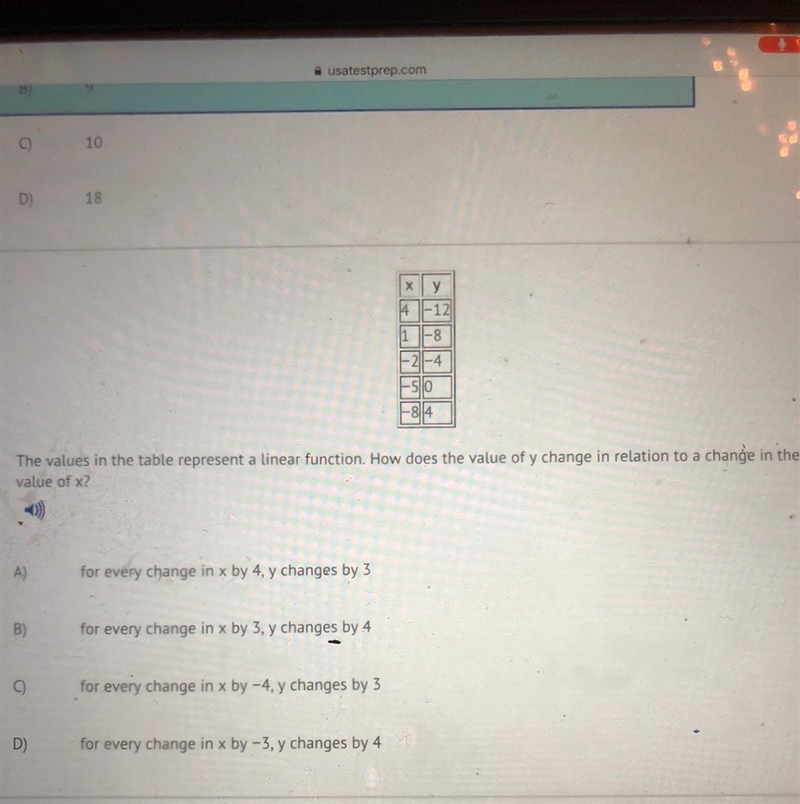 The values in the table represent a linear function. How does the value of y change-example-1