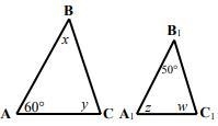 Solve the following problems: △ABC ∼ △A1B1C1. Find angle measures x, y, z, w-example-1