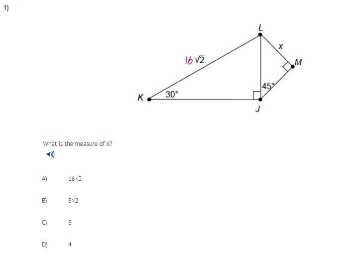 Help! 1. What is the measure of x? A) 16√2 B) 8√2 C) 8 D) 4 (Check image below) 2. Find-example-1