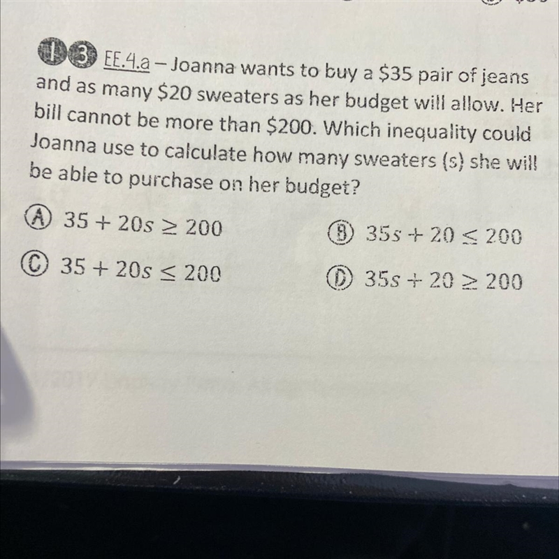 Joanna wants to buy a $35 pair of jeans and as many $20 sweaters as her budget will-example-1