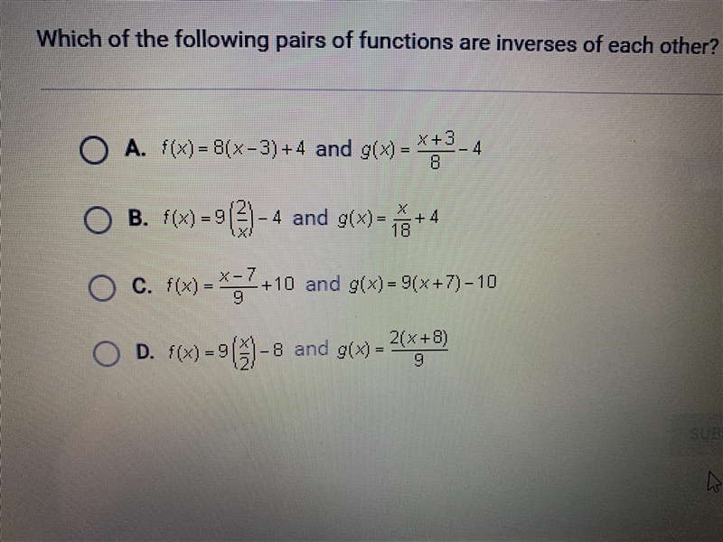 Which of the following pairs of functions are inverses of each other?-example-1