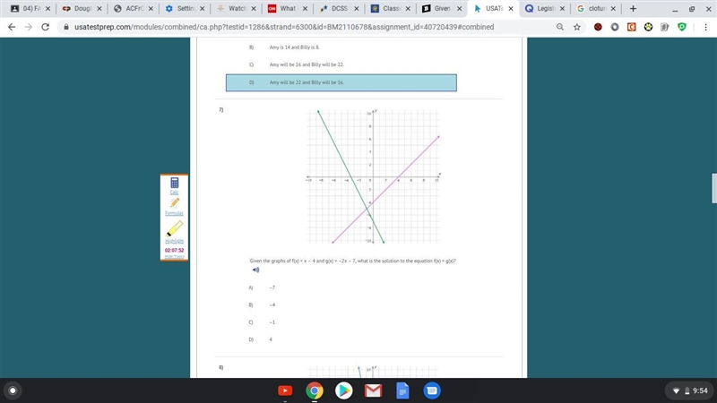 Given the graphs of f(x) = x – 4 and g(x) = –2x – 7, what is the solution to the equation-example-1