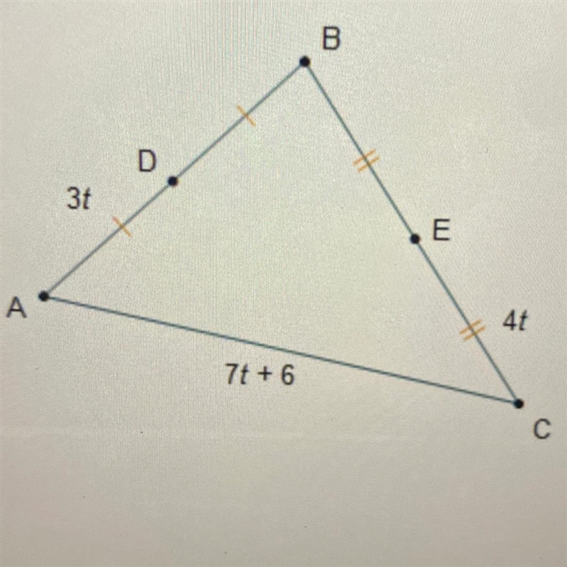 What is the value of t? Points D and E are midpoints of the sides of triangle ABC-example-1