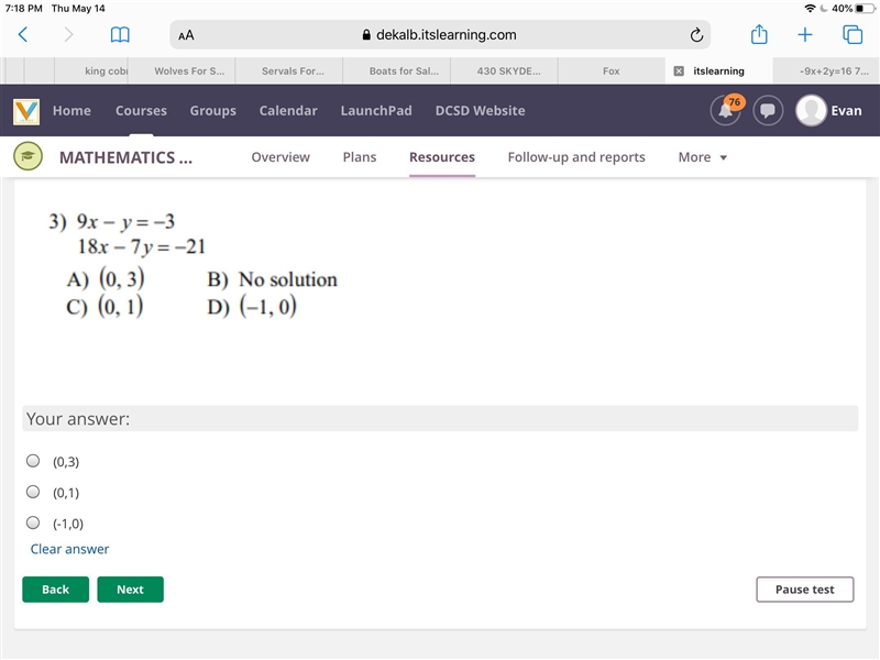 9x-y=-3 18x-7y=-21 A 0,3 B no solution C 0,1 D -1,0-example-1