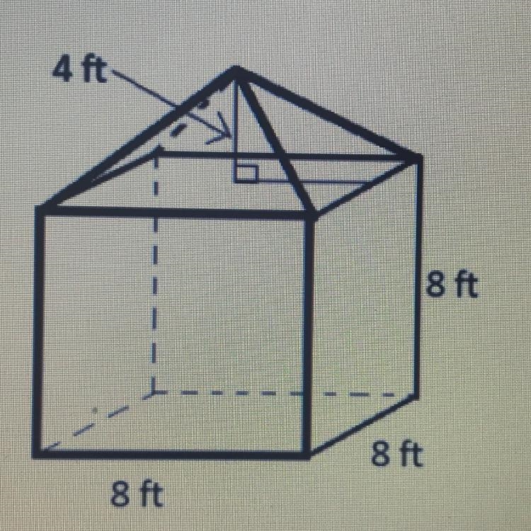 What is the total volume of the shed shown in the figure? Round to the nearest tenth-example-1