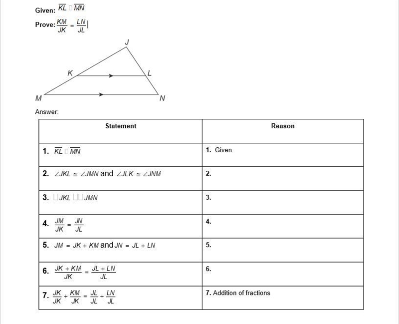 Provide reasons for the proof of the triangle proportionality theorem.-example-1