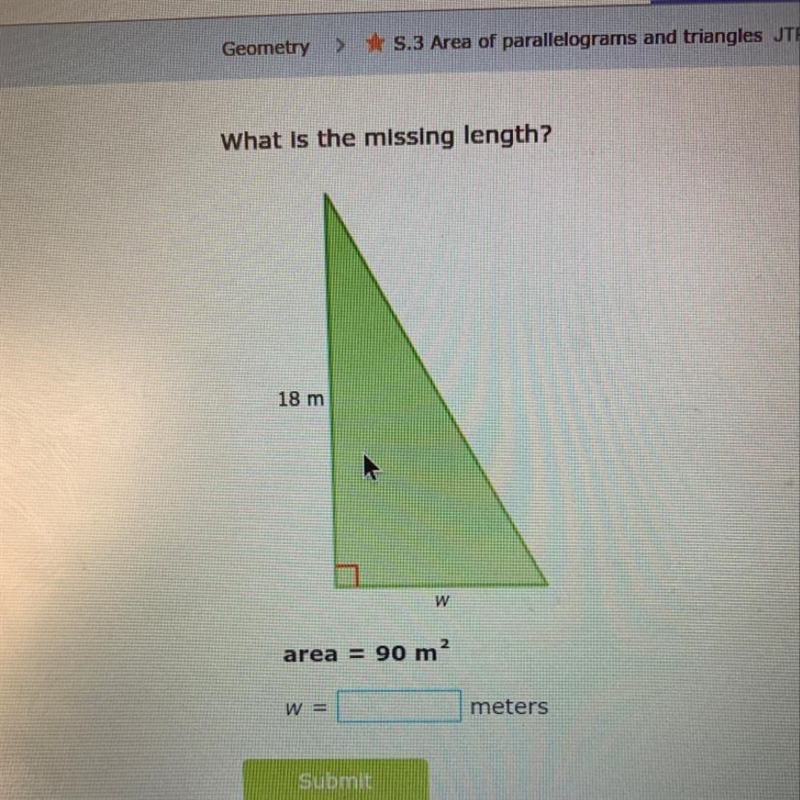 What is the missing length? 18 m and w. Area = 90 m ^2. W =____ meters-example-1