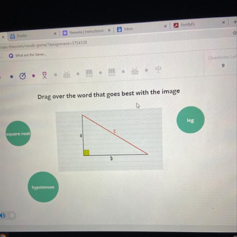 Find the word that goes best with the image. Options : Square root Hypotenuse Leg-example-1