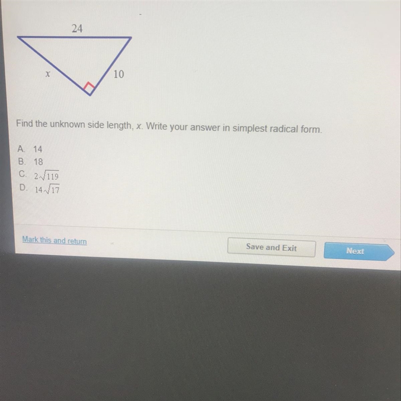 Find the unknown side length, x. Write your answer in simplest radical form-example-1