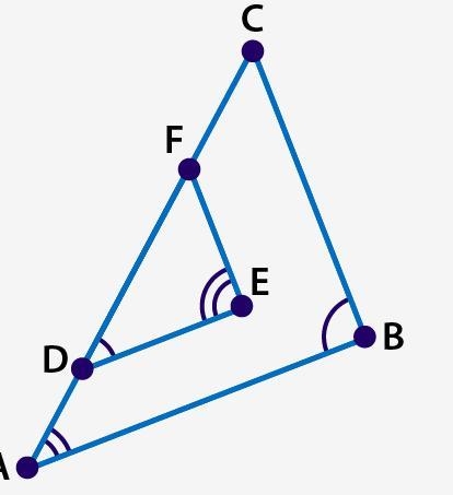 Name the similar triangles. ΔABC ~ ΔDEF ΔABC ~ ΔEDF ΔABC ~ ΔDFE ΔABC ~ ΔFED-example-1