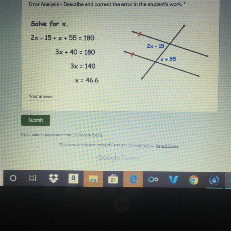 Solve for x describe and correct the error in the image-example-1