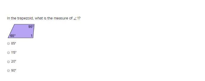 In the trapezoid, what is the measure of 1? 85° 115° 20° 90°-example-1