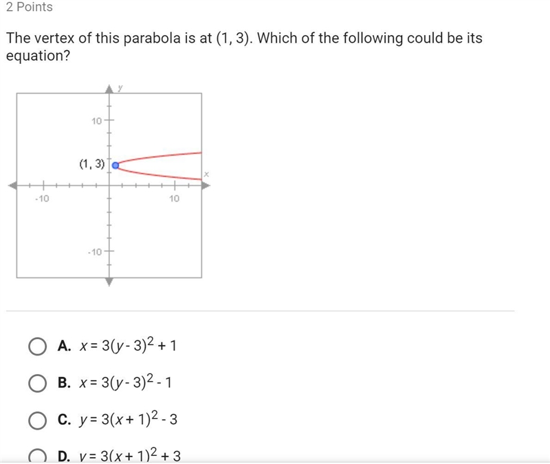 The vertex of this parabola is at (1, 3). Which of the following could be its equation-example-1