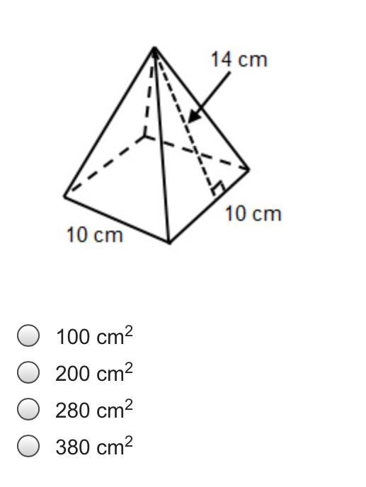 PLEASE HELP FAST What is the total surface area of the square pyramid below? A. 100 cm-example-1