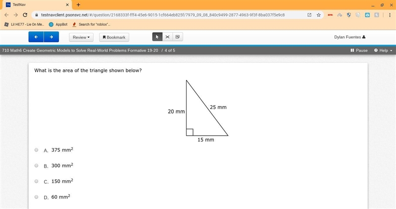 What is the area of the triangle shown below? A. 375 mm2 B. 300 mm2 C. 150 mm2 D. 60 mm-example-1